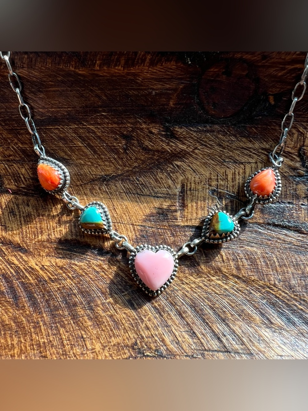 Sterling Silver Queen Conch Ribbon Turquoise Spiny Oyster Heart Choker